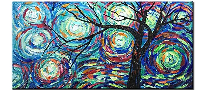 Diathou 20x40Inch 100% Hand Painted Oil Paintings Stretched Framed Ready to Hang Landscape Tree Abstract Canvas Art Modern Home Decoration for Livingroom Bedroom Kitchen Diningroom Office Review