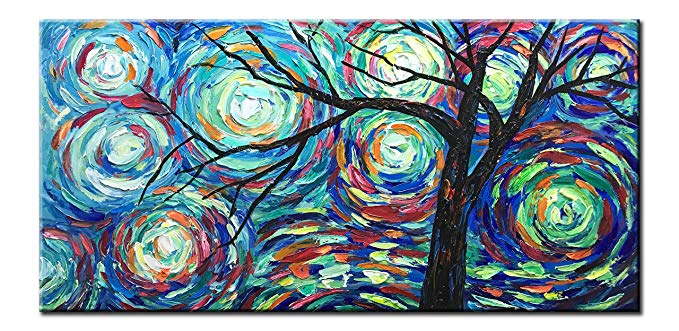 Diathou 20x40Inch 100% Hand Painted Oil Paintings Stretched Framed Ready to Hang Landscape Tree Abstract Canvas Art Modern Home Decoration for Livingroom Bedroom Kitchen Diningroom Office