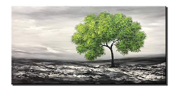 Diathou 24x48 Green Trees in The Desert Abstract Oil Painting Pure Handmade Decoration for Livingroom Bedroom Kitchen Diningroom Office Hand-Painted