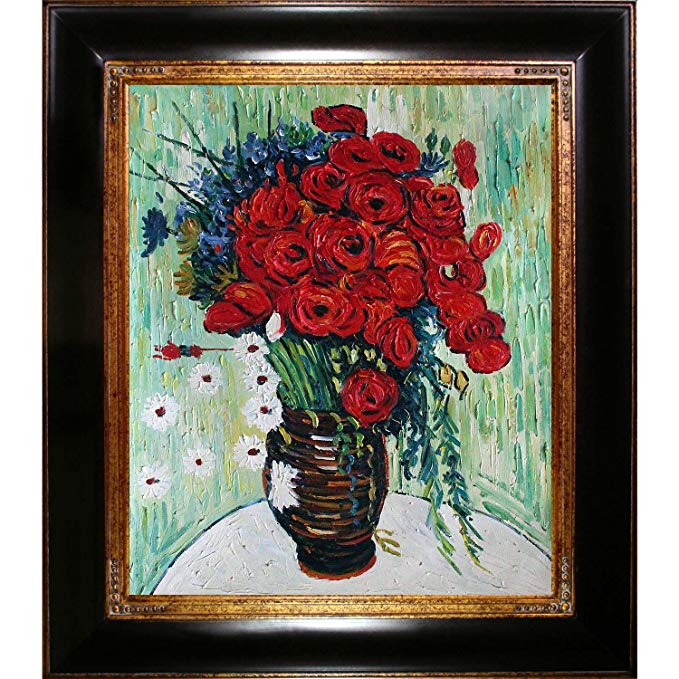 overstockArt Van Gogh Vase with Daisies and Poppies Oil Painting with Opulent Frame, Dark Stained Wood with Gold Trim