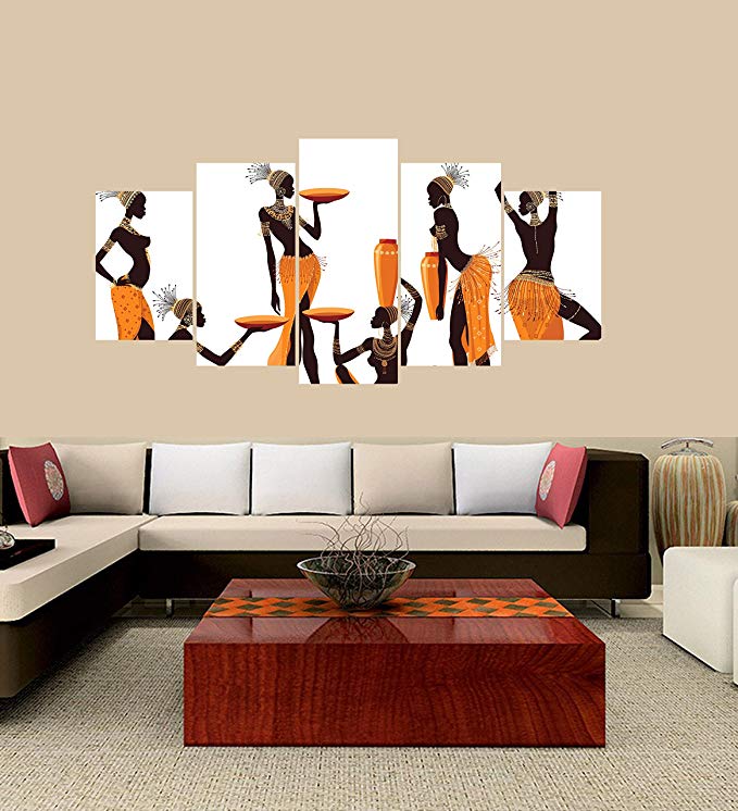 PEACOCK JEWELS Premium Quality Canvas Printed Wall Art Poster 5 Pieces / 5 Pannel Wall Decor Isolated African Women Painting, Home Decor Pictures - With Wooden Frame