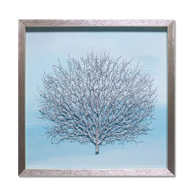 Tree Framed Wall Decor Withered Branch Modern Wall Hanging Art Shadow Box Sky Blue Ocean Background Contemporary Tree Sculpture for Home Decoration, Silver Tree (24X24 Inch)