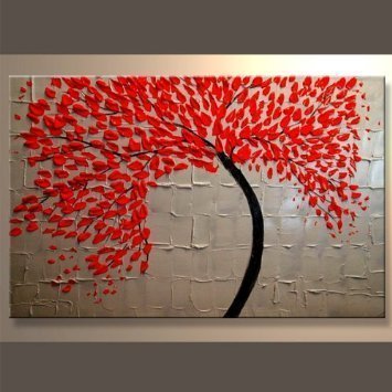 Karvin Arts Pure Handed Abstract Painting Bright Red Tree Oil Paintings on Canvas Murals Restaurant Stretched Living Room Decoration