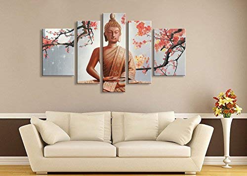 Winpeak Pure Hand Painted Framed Canvas Art Buddha Paintings on Canvas 5 paenl Wall Decor for Living Room Stretched Ready to Hang (58