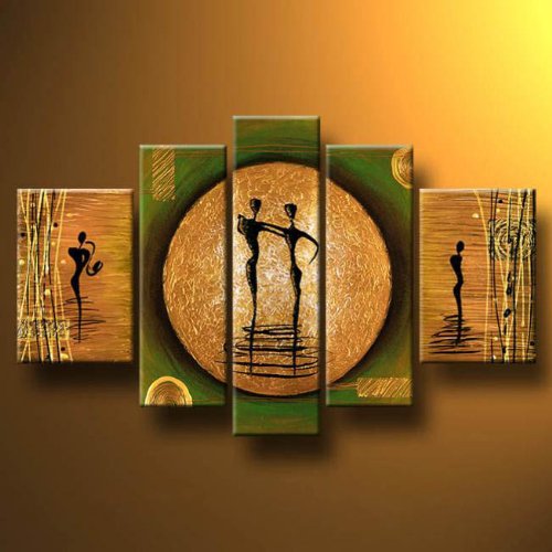 Wieco Art 5 Panels Abstract Oil Paintings on Canvas Wall Art for Living Room Bedroom Home Decorations Dance on a Golden Moon Large Modern 100% Hand Painted Gallery Wrapped People Dancing Artwork L