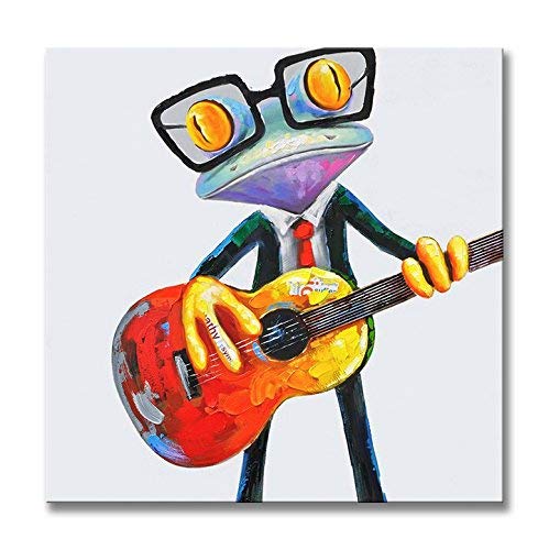 JAPO ART - Modern Animal 100% Hand Painted Oil Painting with Stretched Frame Wall Art for Living Room Ready to Hang (Frog and Guitar, 32 x 32 inch)