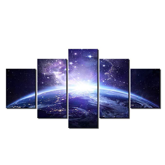 DINGDONG ART- Framed Galaxy Canvas Wall Art Painting Abstract Glowing Light On Planet Earth Modern Still Life Pics Ready to Hang for Home Decor 5 Pcs (30cmx40cmx2pcs,30cmx60cmx2pcs,30cmx80cmx1pcs)