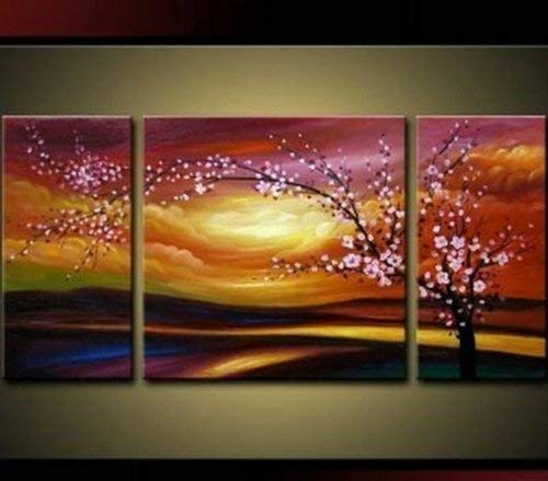 100% Hand Painted Modern Oil Painting on Canvas Plum Tree in Full Bloom Wall Art Home Decoration 3 Piece Canvas Art Unframe and Unstretch