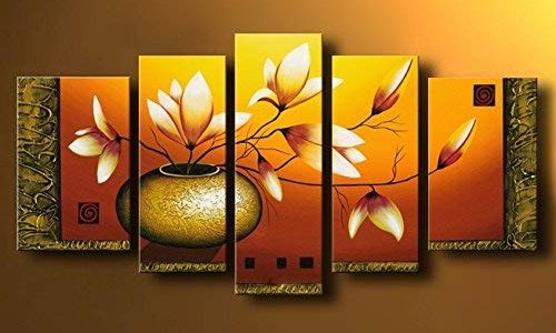 Wieco Art Extra Large Golden Bottle Elegant Flowers Modern 5 Panels 100% Hand Painted Abstract Floral Oil Paintings on Stretched and Framed Canvas Wall Art Ready to Hang for Home Decor Review