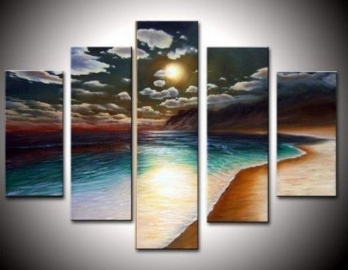 SmartWallArt - Natural Landscape 100% Handmade Oil Paintings Wall Art Moon Rising From the Sea 5 Panels for Modern Home Decoration