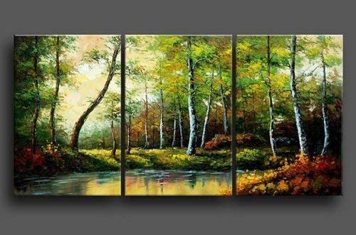 3 Pics Forest River Landscape 100% Hand Painted Oil Painting on Canvas Wall Art Deco Home Decoration (Unstretch No Frame)