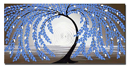 Wieco Art Blue leaves Floral Oil Paintings on Canvas Wall Art Work for Bedroom Kitchen Home Decorations Large Modern Stretched and Framed 100% Hand Painted Contemporary Abstract Flower Artwork L Review