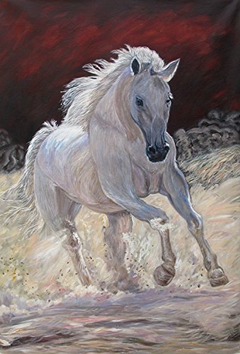 Real Hand Painted White Running Horse Canvas Oil Painting for Home Wall Art Decoration, Not a Print/ Giclee/ Poster, FRAMED, READY TO HANG