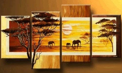 African Grassland Elephant Sunset Modern Art 100% Hand Painted Oil Painting on Canvas Wall Art Deco Home Decoration (Unstretch No Frame) G12 Review