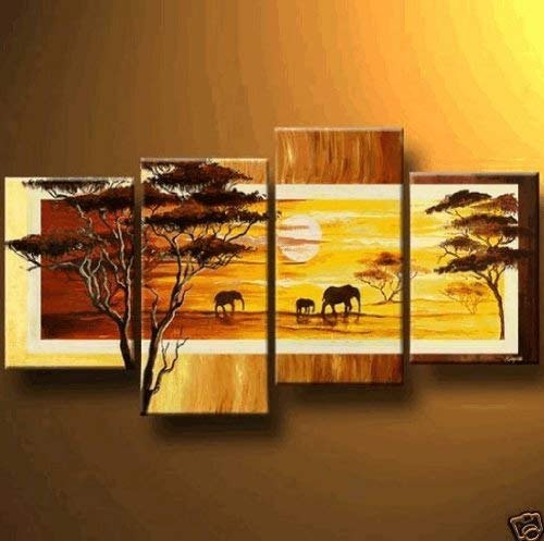 African Grassland Elephant Sunset Modern Art 100% Hand Painted Oil Painting on Canvas Wall Art Deco Home Decoration (Unstretch No Frame) G12