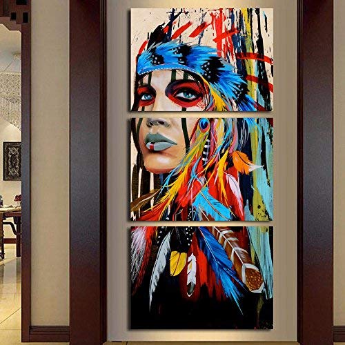 Jescom Wall Painting American Girl Feather Women 3 Piece Canvas Painting For Living Room Bedroom Home Decor Wall Art With Stretch Frame Ready to Hang 1Piece No Frame (28x20inchx3)