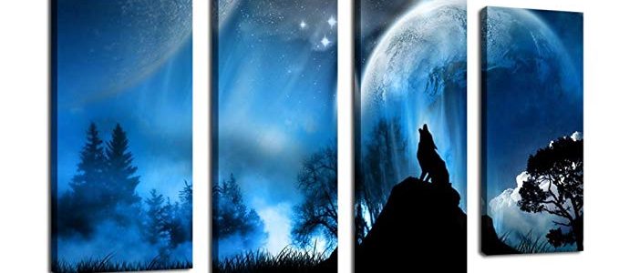 yearainn Wall Art Wolf Canvas Painting Framed Ready to Hang – 4 Piece Large Contemporary Pictures Modern Artwork for Home Blue Themes Wall Decor Review