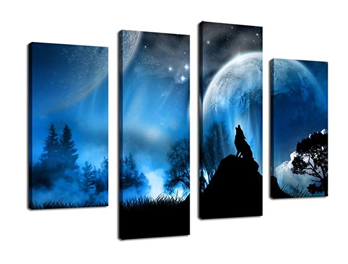 yearainn Wall Art Wolf Canvas Painting Framed Ready to Hang - 4 Piece Large Contemporary Pictures Modern Artwork for Home Blue Themes Wall Decor