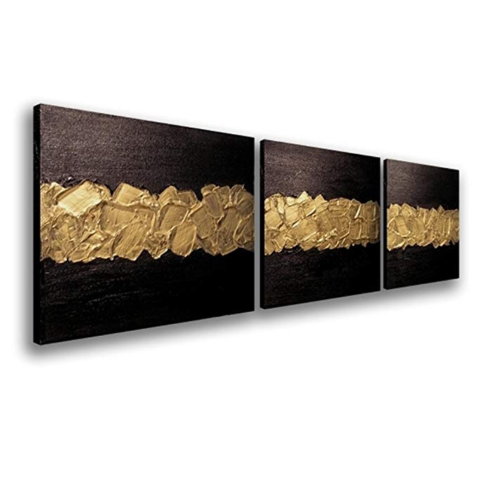 Elegance Canvas Wall Art Modern Handmade Oil Painting Black and Gold Abstract Artwork Wood Inside Framed Home Living Room Decoration Wall Hanging Art Set of 3