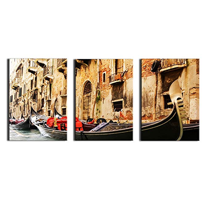 Melody Art - New Arrival 3 Panels/pcs Canvas Print- Europe Town Italy Water City Venice Landscape Painting Wall Art for Home Decor, Beautiful River City Pictures Stretched and Framed Artwork