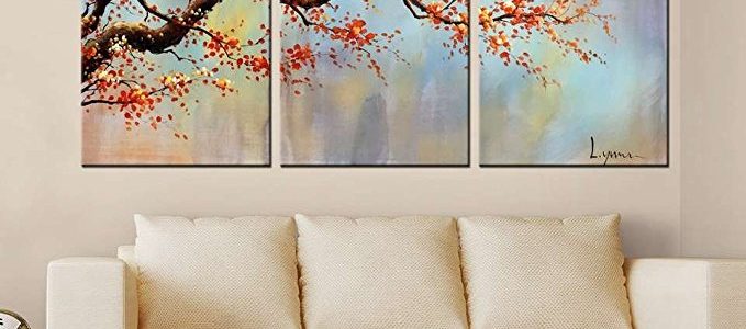 ARTLAND Modern 100% Hand Painted Flower Oil Painting on Canvas “Orange Plum Blossom” 3-Piece Gallery-Wrapped Framed Wall Art Ready to Hang for Living Room for Wall Decor Home Decoration 36x72inches Review