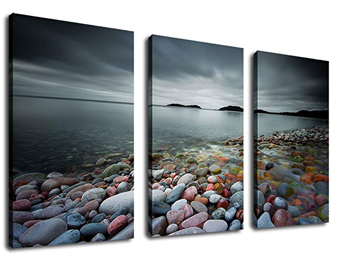 arteWOODS Wall Art Canvas Prints Beach Sunset 3 Pieces Large Landscape Pictures Lake Stone for Home Decoration 30