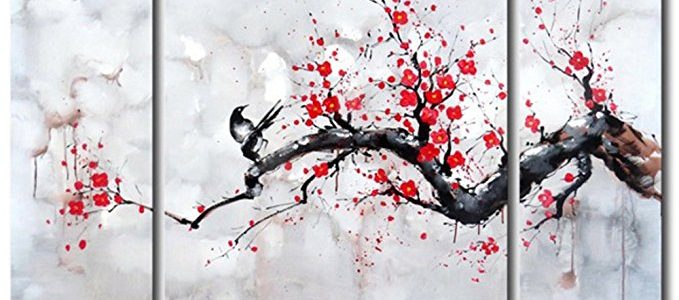 Black White Red Modern Abstract Cherry Blossom Wall Art Picture 3pcs Oil Paintings on Canvas Handmade for Living Room Home Decor Framed Review