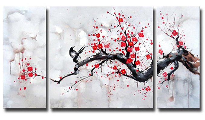 Black White Red Modern Abstract Cherry Blossom Wall Art Picture 3pcs Oil Paintings on Canvas Handmade for Living Room Home Decor Framed