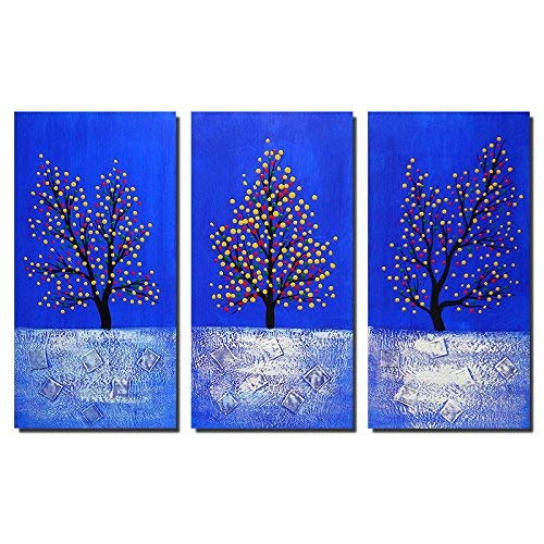 100% Hand-painted Wood Framed Abstract Tree Painting Framed Wall Art Home Decoration Abstract Landscape Oil Painting on Canvas 3pcs/set Ready to Hang