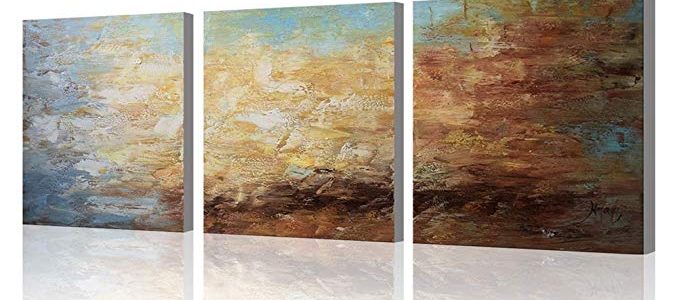 Abstract Wall Art 100% Hand Painted Modern Oil Painting on Canvas Large Framed Blue and Brown 3 Piece Artwork Ready to Hang for Living Room Bedroom Office Home Decoration 20×60 Review