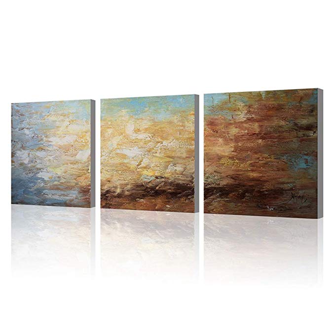 Abstract Wall Art 100% Hand Painted Modern Oil Painting on Canvas Large Framed Blue and Brown 3 Piece Artwork Ready to Hang for Living Room Bedroom Office Home Decoration 20x60