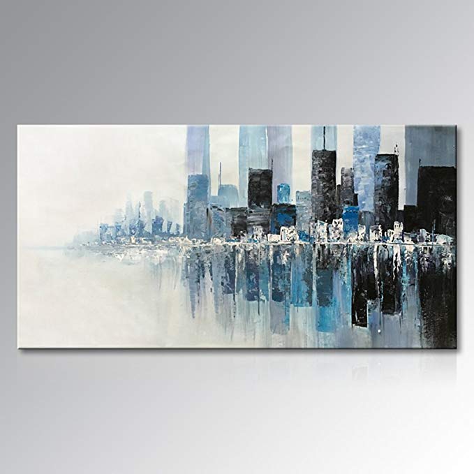 EVERFUN ART Contemporary Artwork Hand Painted Oil Painting Cityscape Modern Abstract Canvas Wall Art Home Decoration Stretched Framed Ready to Hang (48