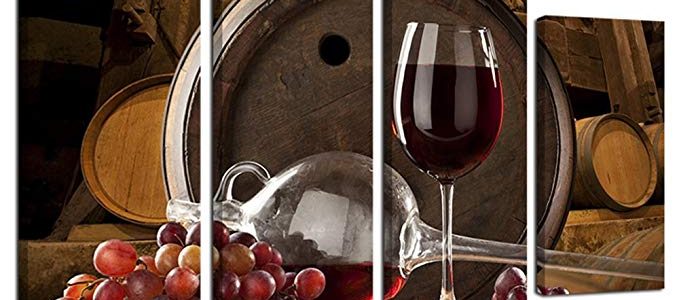 Ardemy Wall Art Painting Vintage Wine Grape Glass and Barrel, Large Size 4 Pieces Food Picture Prints on Canvas Gallery Wrapped for Kitchen Bar Restaurant Dinning Room Wall Decor Review