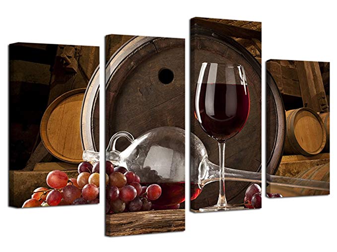 Ardemy Wall Art Painting Vintage Wine Grape Glass and Barrel, Large Size 4 Pieces Food Picture Prints on Canvas Gallery Wrapped for Kitchen Bar Restaurant Dinning Room Wall Decor