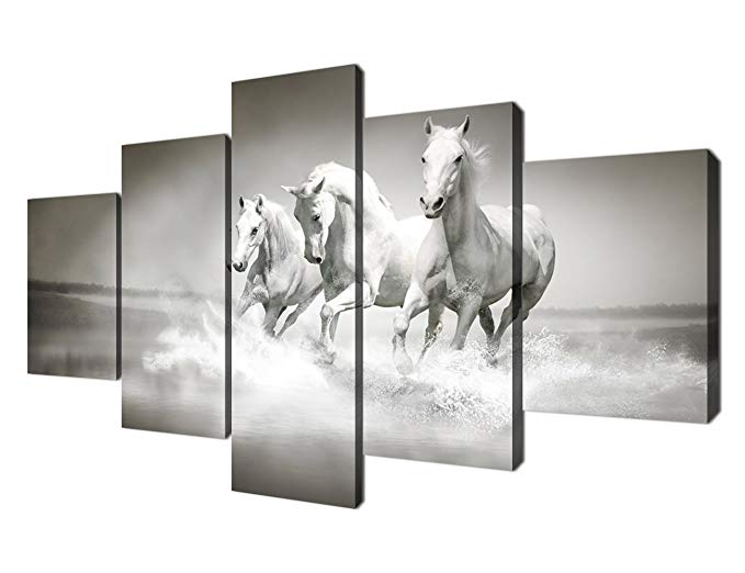 Yatsen Bridge Modern 5 Panels White Horse Painting On Canvas Wall Art Home Decor for Living room Wall Decoration New Year Gifts Stretched and Framed Ready to Hang for Wall (60''W x 32''H)