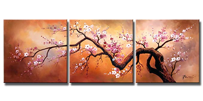 Ode-Rin - 100% Hand Painted Large Oil Painting on Canvas Pink Plum Blossoms Framed 3 Pieces Abstract Exuberant Tree Wall Art Painting for Living Room Home Decor, Ready to Hang - (24