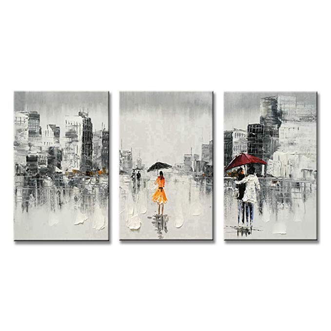 Hand Painted Abstract Cityscape Oil Painting on Canvas Wall Art Black and White Modern Artwork Framed Ready to Hang for Home Decoration (60