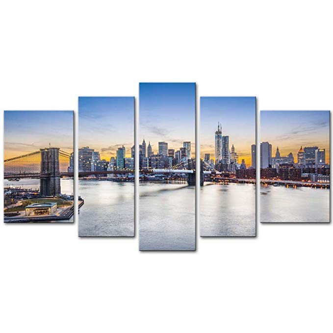 5 Pieces Modern Canvas Painting Wall Art The Picture For Home Decoration New York City Over East River Brooklyn Bridge Manhattan Buildings Cityscape