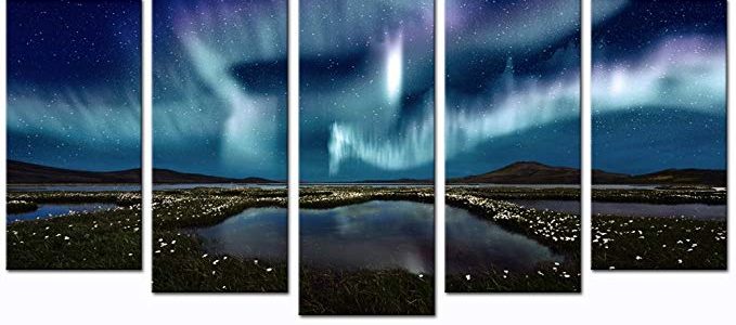 Sea Charm – 5 Panel Wall Art Northern Lights over The Marsh Landscape Canvas Wall Art Aurora Borealis Artwork Framed Modern Home Living Room Decor Review