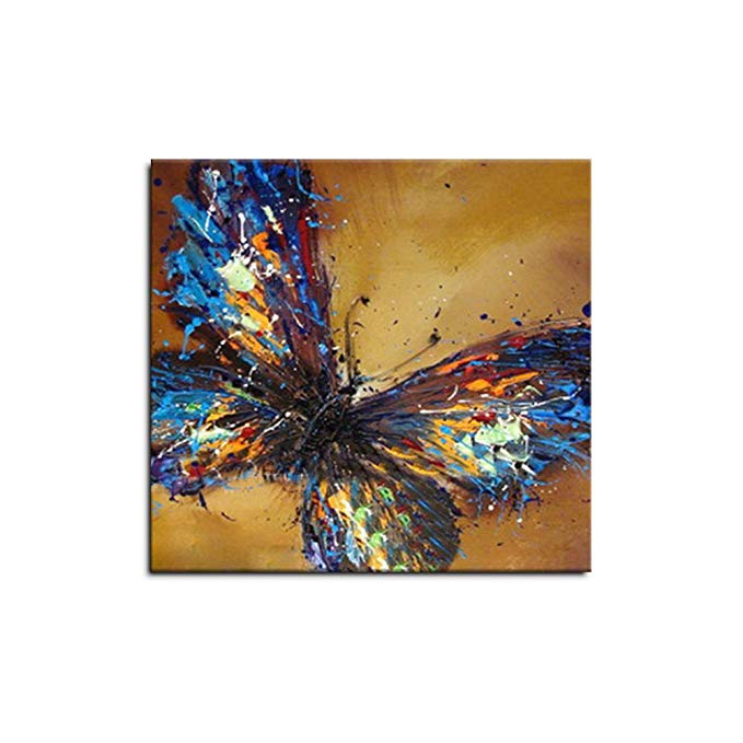 HASYOU Brown Butterfly Oil Painting 100% Hand Painted Artwork Living Room Decor Paintings On Canvas Art For Wall Framed Ready To Hang (32x32inch)