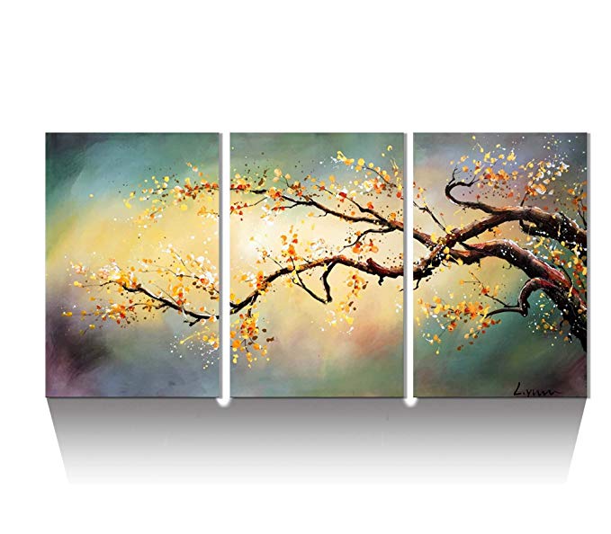 ARTLAND Modern 100% Hand Painted Flower Oil Painting on Canvas Yellow Plum Blossom 3-Piece Gallery-Wrapped Framed Wall Art Ready to Hang for Living Room for Wall Decor Home Decoration 36x72inches