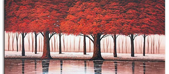 MyArton Modern Oil Painting Hand Painted Texture Red Tree reflections Abstract Canvas Wall Art Decoration Contemporary Artwork Framed Ready to Hang 24x48inch Review