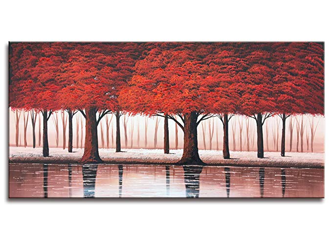 MyArton Modern Oil Painting Hand Painted Texture Red Tree reflections Abstract Canvas Wall Art Decoration Contemporary Artwork Framed Ready to Hang 24x48inch