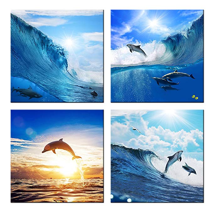 VVOVV Wall Decor - The Dolphins Jumped Out Of The Sea Canvas Wall Art Prints Seascape Sea Wave Home Decorative Painting Contemporary Decorations 16x16inchx4pcs,with frame