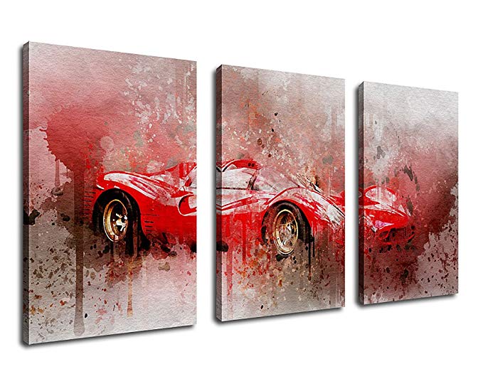 Canvas Wall Art Sport Car Painting Picture - Extra Large Canvas Art Red Racing Car Watercolor Contemporary Artwork Prints Hot Rod Abstract Painting Walls Decor for Home Decoration 20