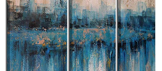 Canvas Wall Art Prints Abstract Textured Cityscape Painting Artwork Grey Blue Tones 3 Panels/Set Large Size Framed Ready to Hang for Living Room Bedroom Office Kitchen Decorations 16″x32″x3 Review