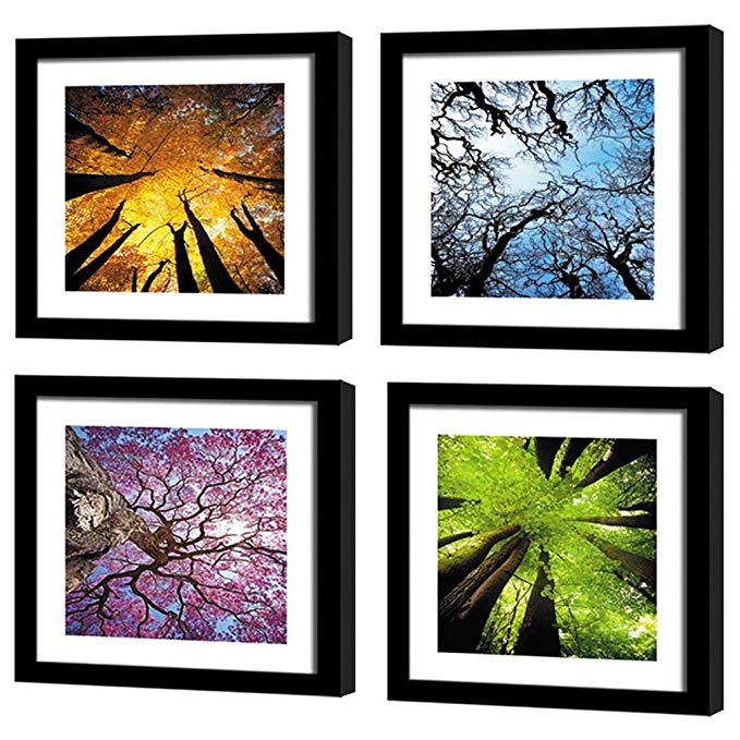 MOCO ART-Canvas Wall Art Painting Color Purple Trees Landscape Picture Prints on Canvas Artwork Framed Ready to Hang for Living Room Home Decor (Four Season Tree with Black Frame(30x30cmx4pcs))