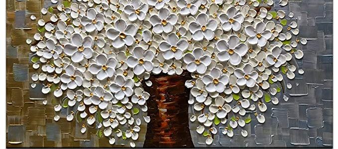 Azure Art 100% Hand Painted Wall Art 3D Oil Paintings On Canvas Modern Large Wall Pictures White Flowers Art Abstract Artwork Framed Ready to Hang for Living Room Bedroom Dinning Room (24x48inch) Review