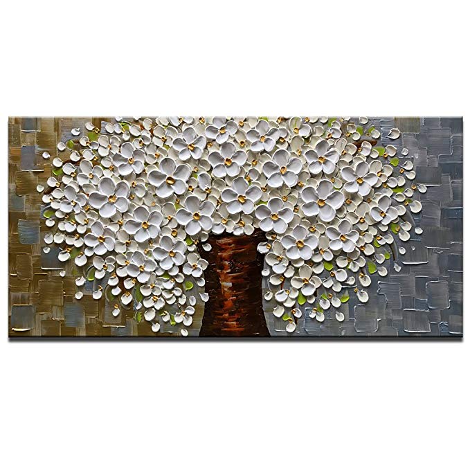 Azure Art 100% Hand Painted Wall Art 3D Oil Paintings On Canvas Modern Large Wall Pictures White Flowers Art Abstract Artwork Framed Ready to Hang for Living Room Bedroom Dinning Room (24x48inch)