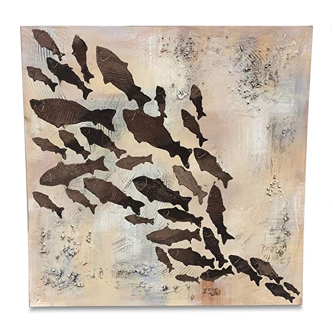 Whole House Worlds The Beach Chic Abstract Fish Painting, 31 ½ x 31 ½” Square, Hand Painted, Oil, Gallery Wrapped Canvas Over Reinforced Cross Post Wood Stretchers, Coastal Theme Rustic Style, By